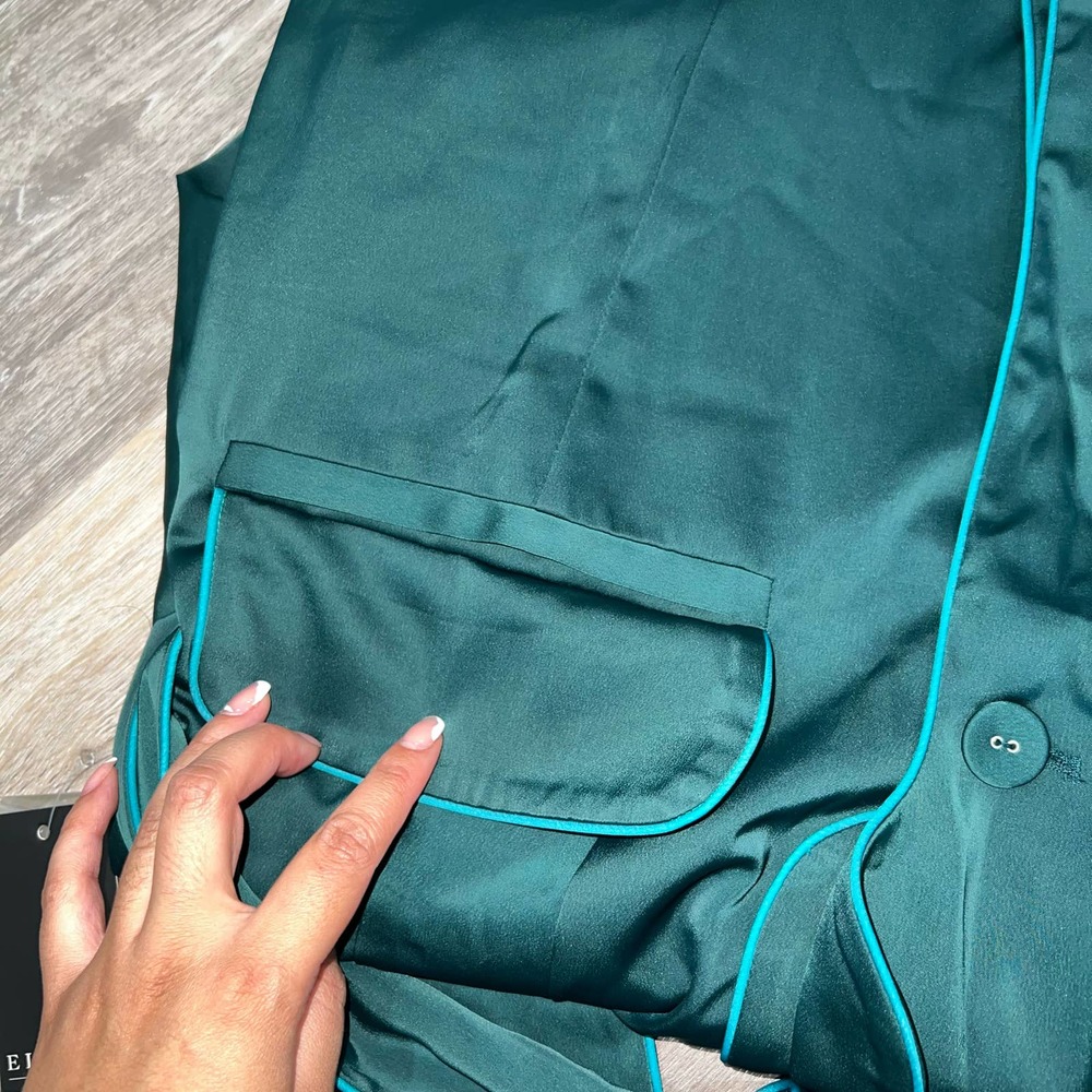 Eloquii Dark Green Satin Jacket with Teal Piping - Picture 5 of 7